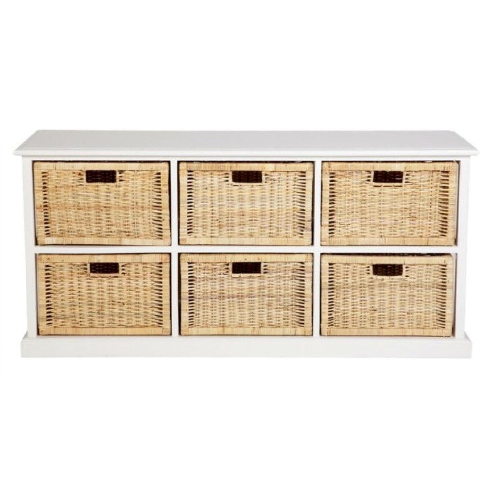 HAWAII WOOD & WICKER DRESSER WITH 6 BASKETS IN WHITE - MyChocolateWood