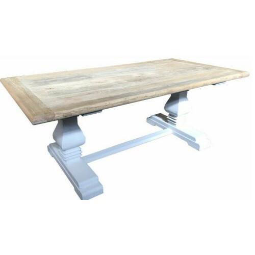 CLIFTON RUSTIC RECYCLED ELM DINING TABLE HAMPTONS STYLE 200CM - NATURAL DRIFTWOOD TOP/WHITE PEDESTAL