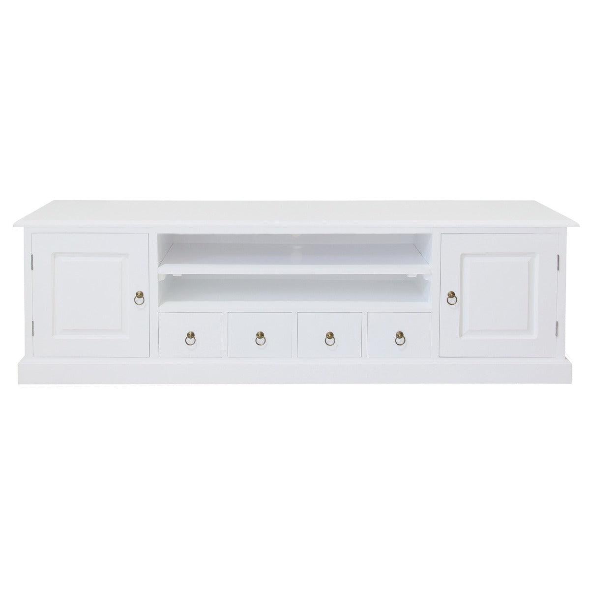 TASMANIA MAHOGANY TIMBER 2 DOORS & 4 DVD SIZE DRAWERS 200CM TV UNIT/ENTERTAINMENT UNIT IN WHITE