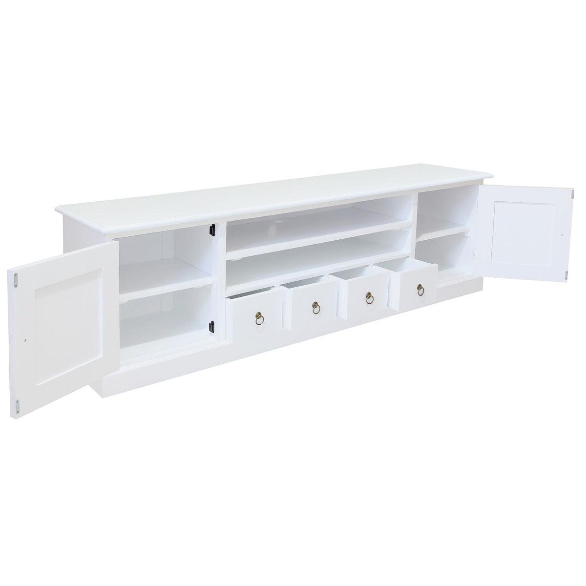 TASMANIA MAHOGANY TIMBER 2 DOORS & 4 DVD SIZE DRAWERS 200CM TV UNIT/ENTERTAINMENT UNIT IN WHITE