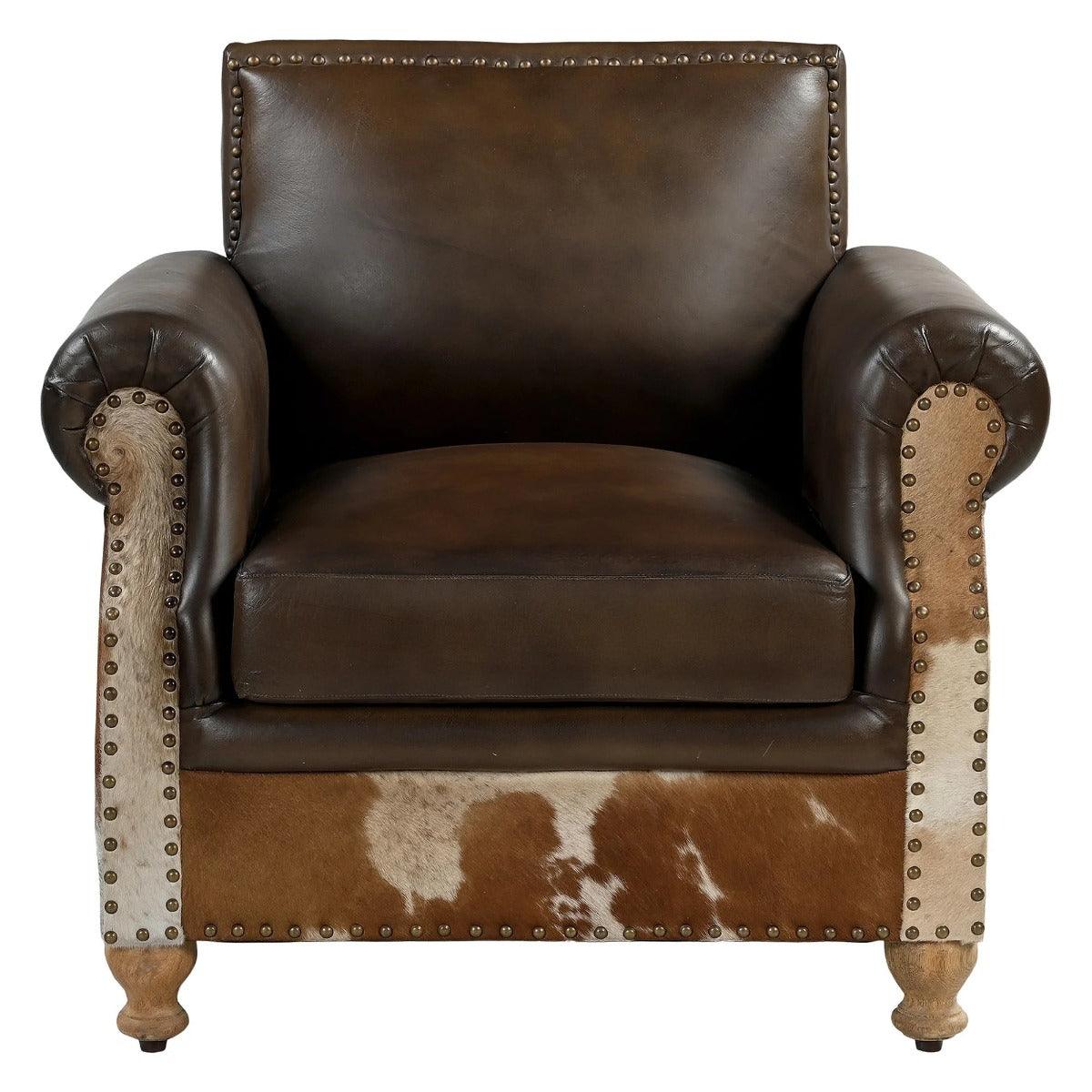 BENZI HANDMADE COW HIDE & GENUINE LEATHER ARMCHAIR EASY CHAIR LOUNGE CHAIR - MyChocolateWood