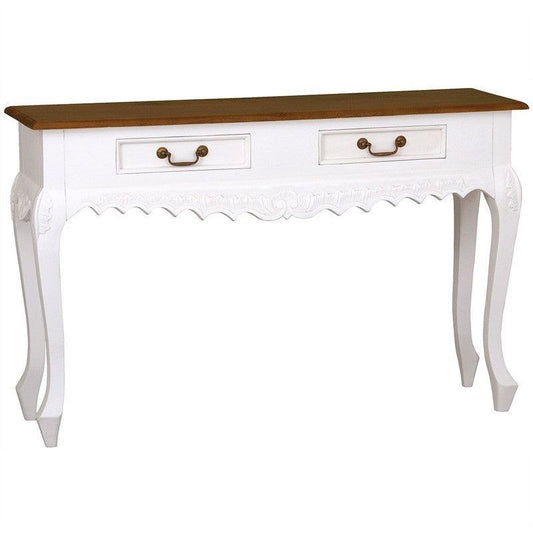 GABRIELLE QUEEN ANN SOLID MAHOGANY CARVED CONSOLE TABLE/ HALL TABLE 2  DRAWERS 120CM  WHITE/CARA\MEL