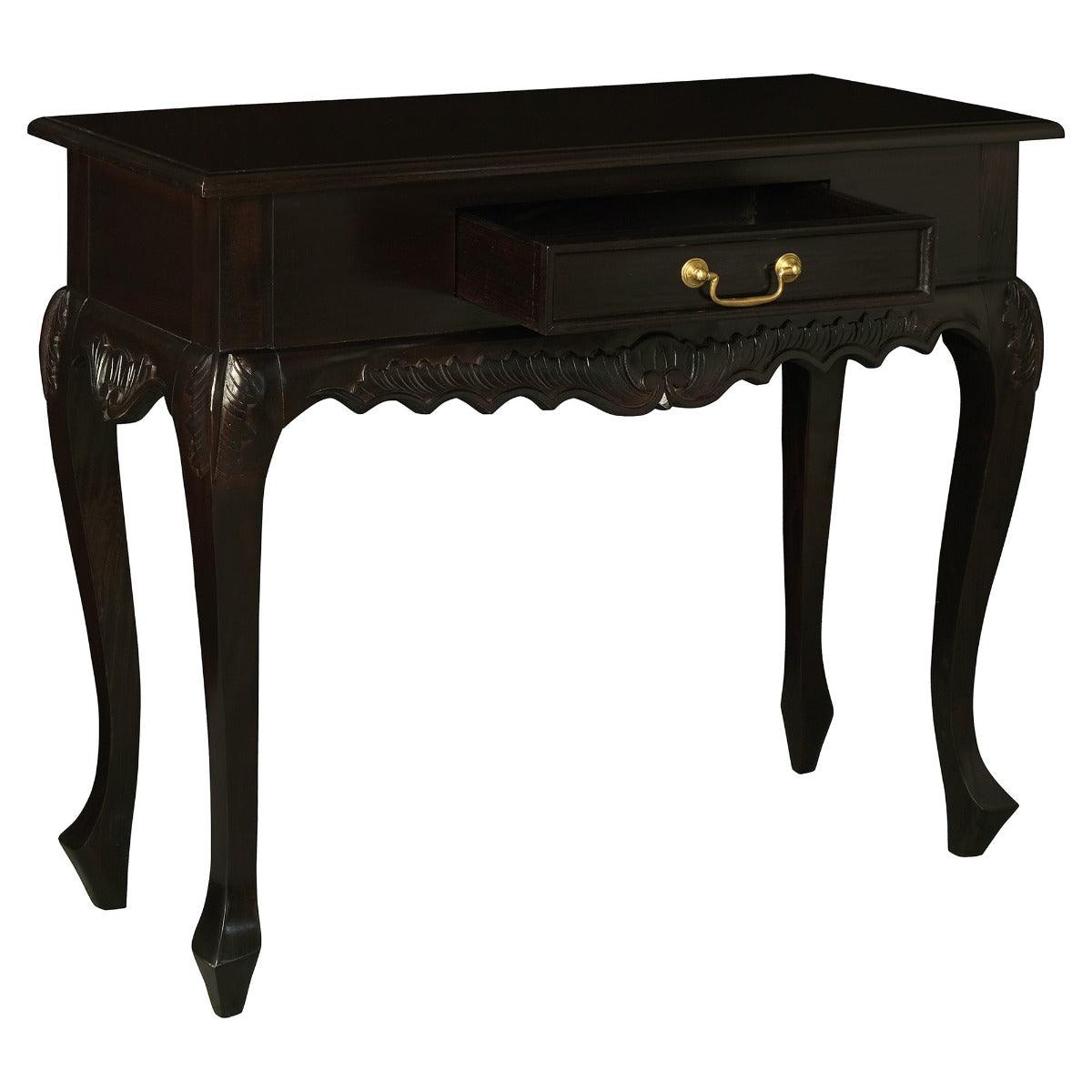 GABRIELLE QUEEN ANN CARVED SOLID MAHOGANY 1 DRAW 90CM CONSOLE TABLE IN CHOCOLATE