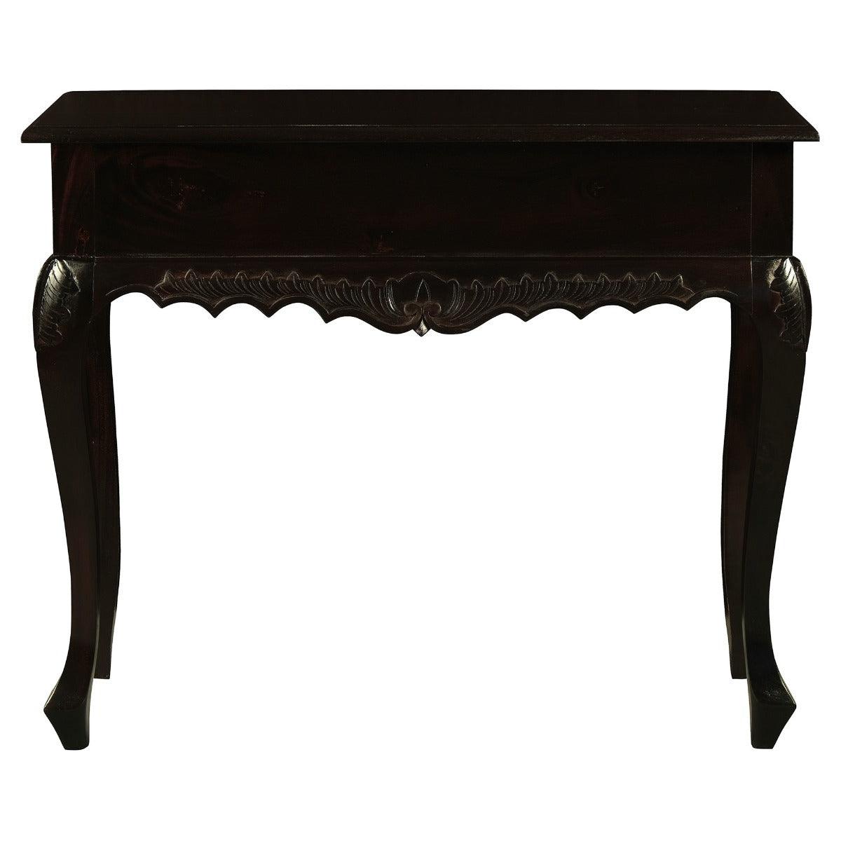 GABRIELLE QUEEN ANN CARVED SOLID MAHOGANY 1 DRAW 90CM CONSOLE TABLE IN CHOCOLATE