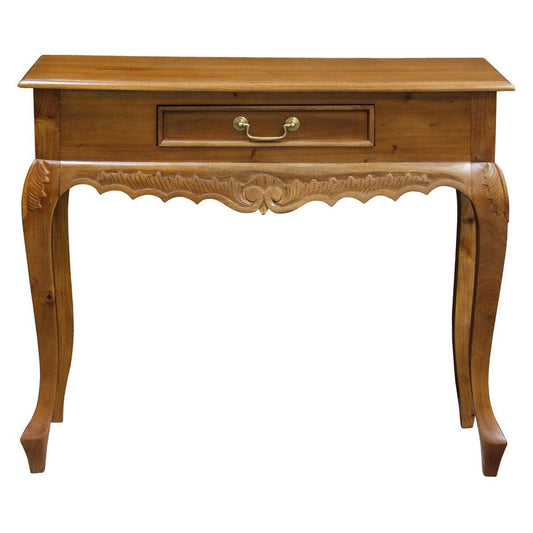 GABRIELLE QUEEN ANN CARVED SOLID MAHOGANY CONSOLE TABLE/HALL TABLE 1 DRAWER IN LIGHT PECAN 90CM