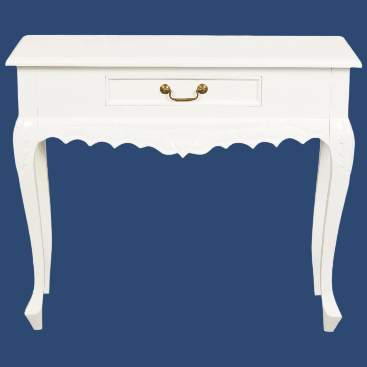 GABRIELLE QUEEN ANN SOLID MAHOGANY CARVED CONSOLE TABLE 1 DRAWER IN SOLID WHITE 90CM
