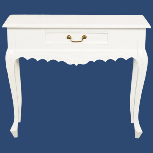 GABRIELLE QUEEN ANN SOLID MAHOGANY CARVED CONSOLE TABLE 1 DRAWER IN SOLID WHITE 90CM