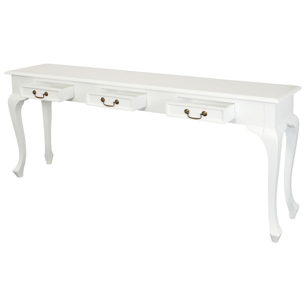 STEWART QUEEN ANN STYLE SOLID MAHOGANY 3 DRAWERS 180CM CONSOLE TABLE IN SOLID WHITE