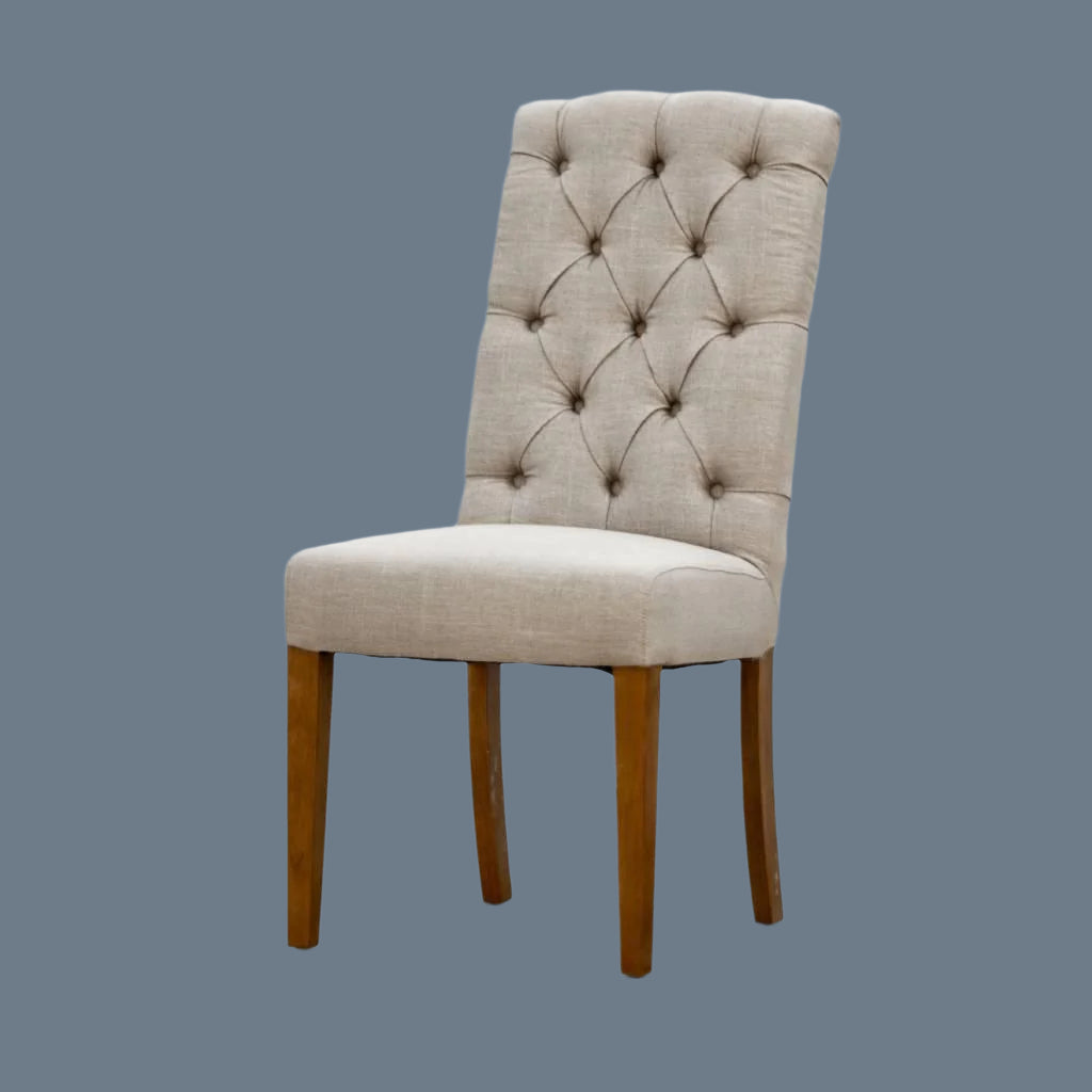ROSSI HAMPTONS SOLID RUBBER WOOD DINING CHAIR WITH A BEIGE LINEN FABRIC
