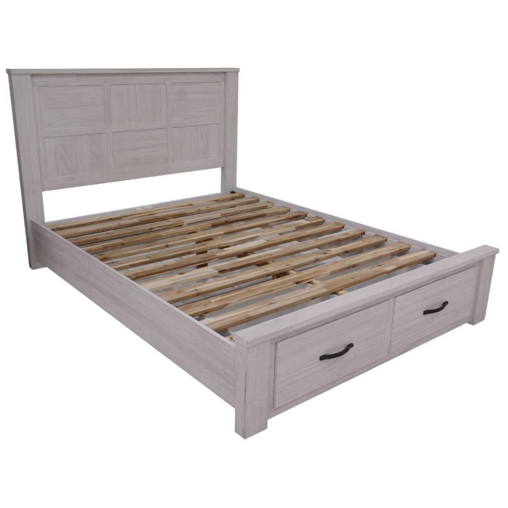 MANLY QUEEN SIZE BED WITH 2 DRAWERS IN BRUSHED WHITEWASH