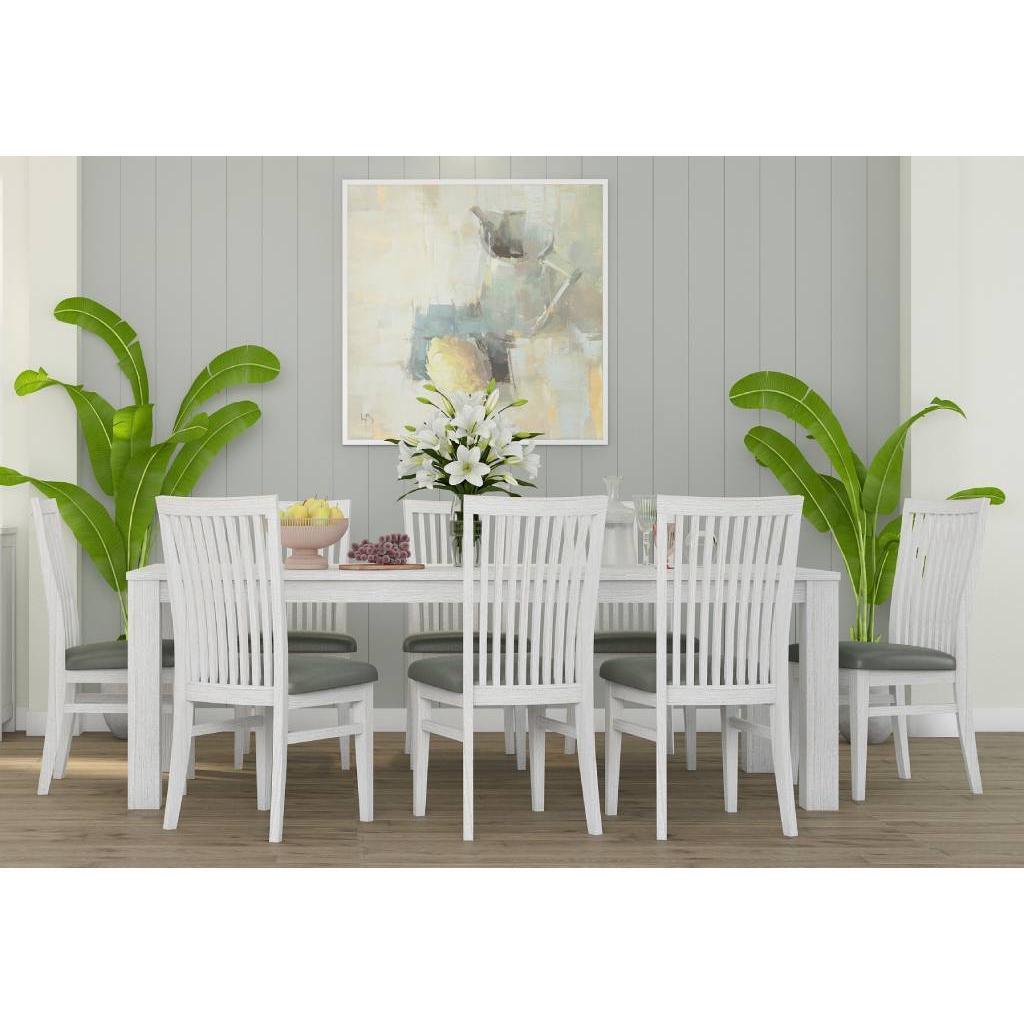 MANLY SOLID MOUNTAIN ASH TIMBER DINING TABLE 225 CM. + 8 MANLY DINING CHAIRS IN BRUSHED WHITEWASH PACKAGE DEAL - MyChocolateWood