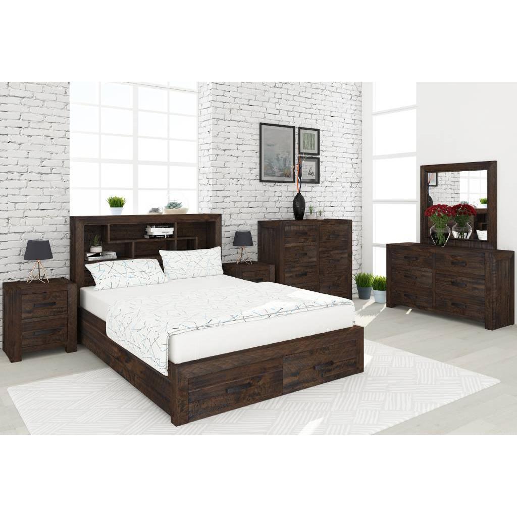 ASHGAR QUEEN SIZE BED + DRESSER + MIRROR + 2 X BEDSIDE TABLES IN GREY STONE PACKAGE DEAL