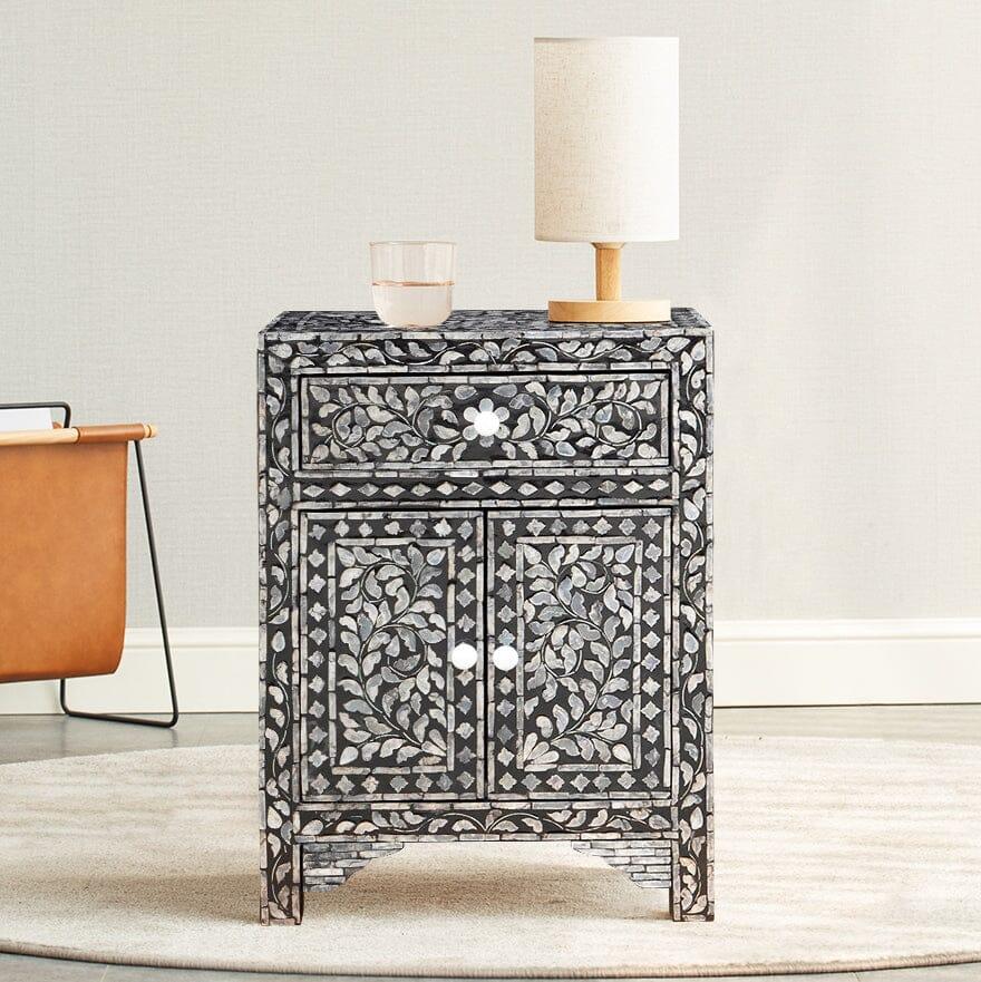 JORDAN SHELL INLAY 1 DRAWER & 2 DOOR BEDSIDE TABLE - MyChocolateWood
