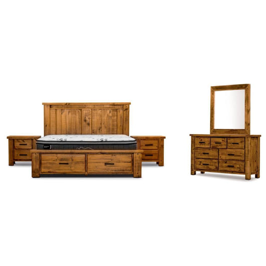 RICHMOND QUEEN SIZE BED WITH DRESSER + MIRROR & TWO BEDSIDE TABLES - PACKAGE DEAL