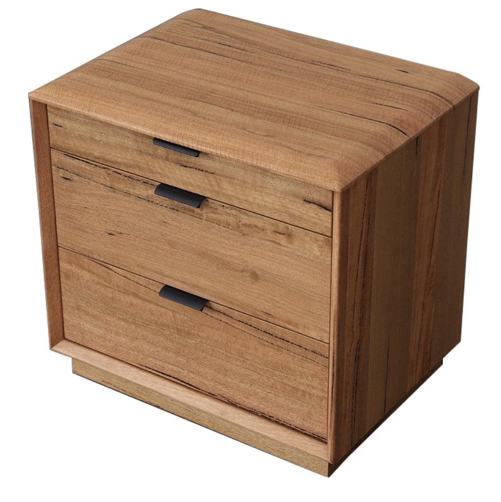 TAMWORTH 3 DRAWER BEDSIDE TABLE IN MARRI WOOD - NATURAL - MyChocolateWood