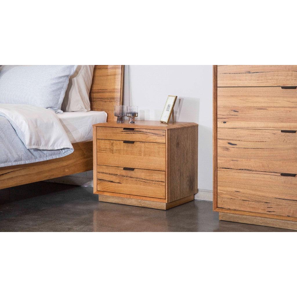 TAMWORTH 3 DRAWER BEDSIDE TABLE IN MARRI WOOD - NATURAL - MyChocolateWood