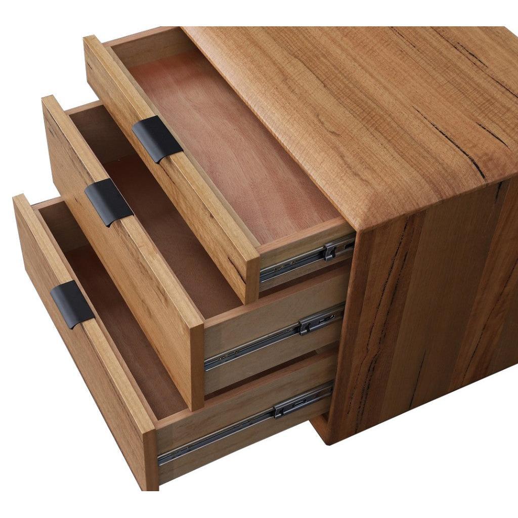 TAMWORTH 3 DRAWER BEDSIDE TABLE IN MARRI WOOD - NATURAL - MyChocolateWood