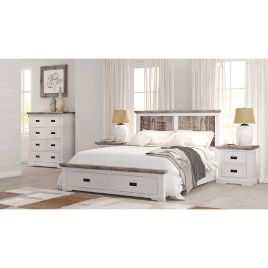 FALAK ACACIA WOOD KING SIZE BED + TALLBOY + 2 X BEDSIDE TABLES PACKAGE DEAL