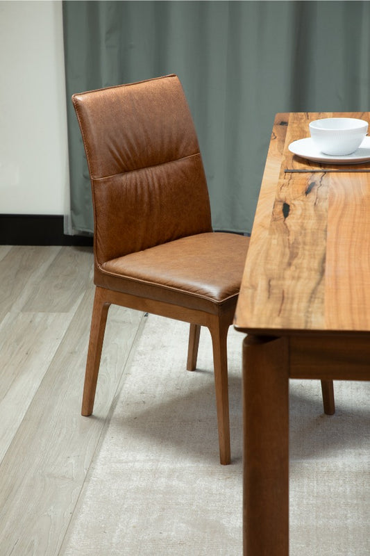TAMWORTH MARRI WOOD 9 PIECE DINING SET - 1 DINING TABLE 240CM & 8 TOFFEE LEATHER DINING CHAIRS