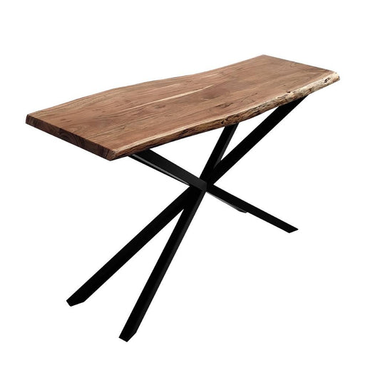 CRISTO NATURAL SOLID ACACIA TIMBER CONSOLE TABLE HALL TABLE WITH METAL LEGS