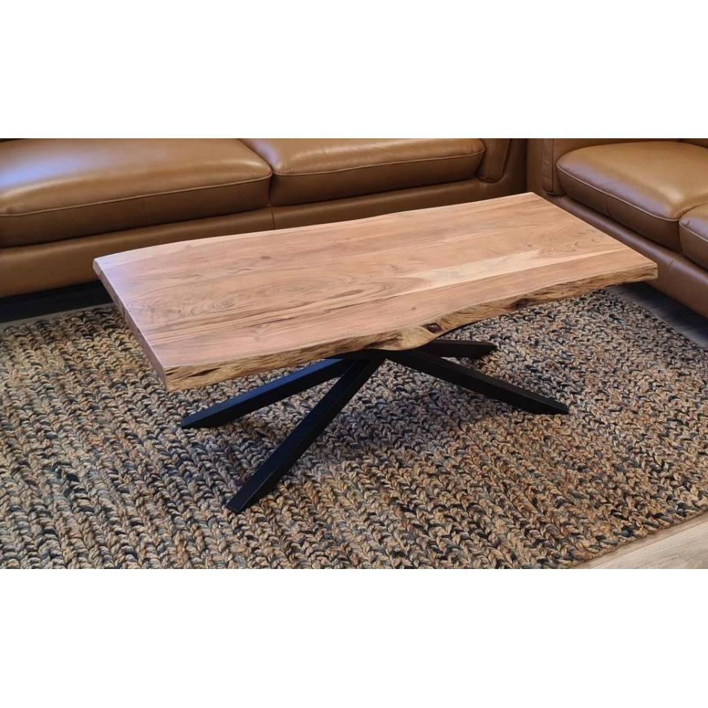 CRISTO NATURAL SOLID ACACIA TIMBER COFFEE TABLE WITH METAL LEGS INDUSTRIAL 130 CM - MyChocolateWood