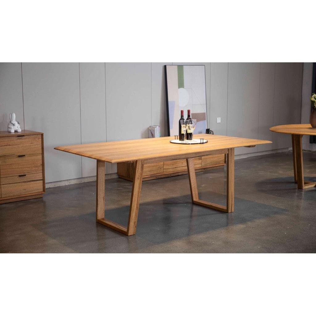 TAMWORTH MARRI WOOD 9 PIECE DINING DINING SET - 1 DINING TABLE 240CM & 7 BLACK LEATHER DINING CHAIRS - MyChocolateWood