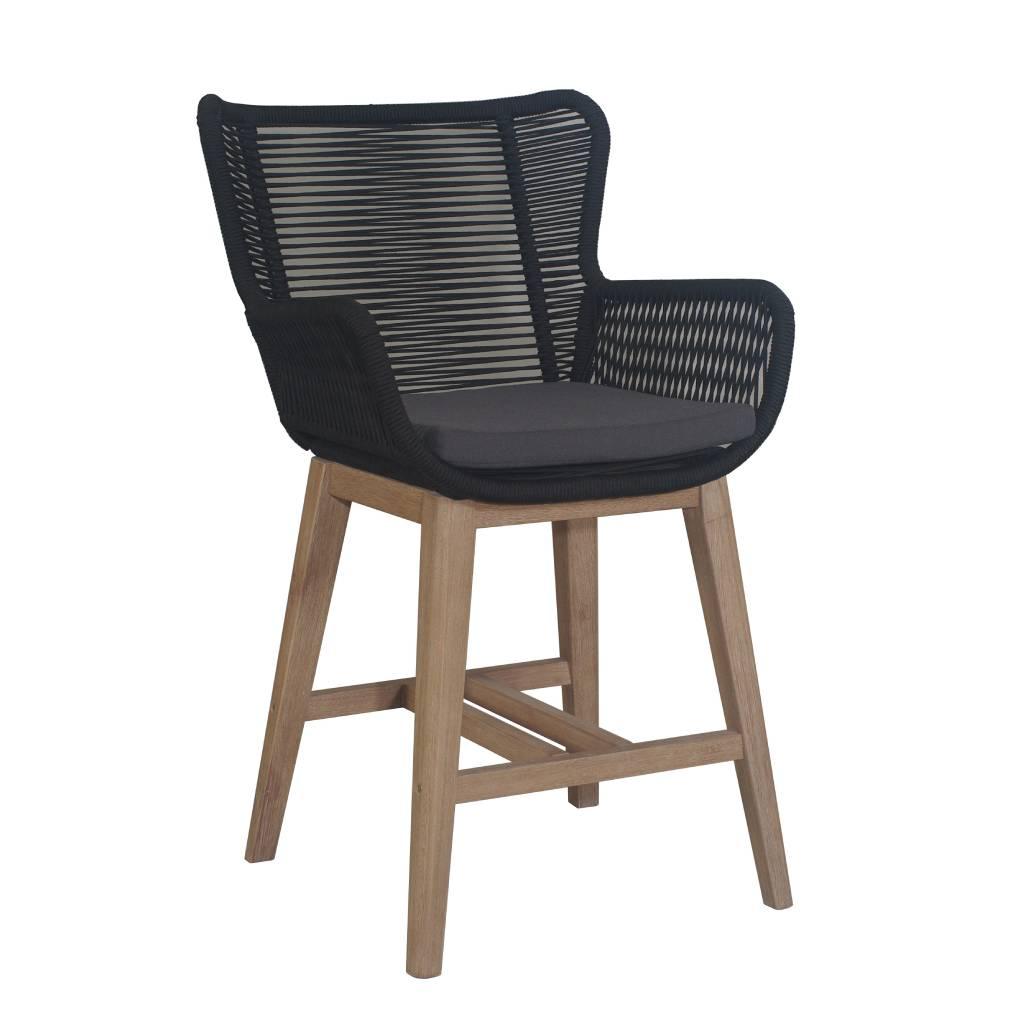 ALANYA OUTDOOR BAR CHAIR NATURAL EUCALYPTUS TIMBER LEGS BLACK ROPE/CHARCOAL