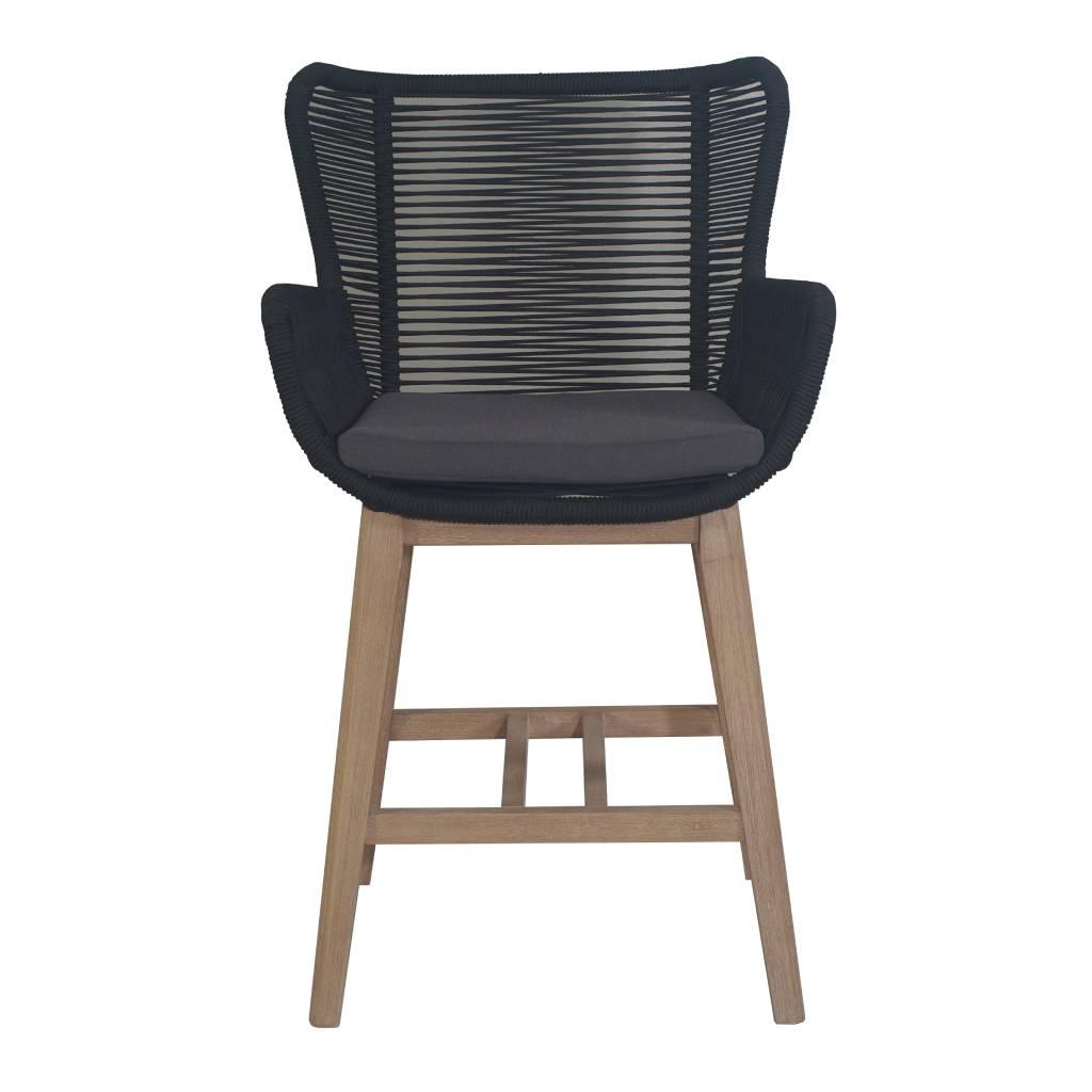 ALANYA OUTDOOR BAR CHAIR NATURAL EUCALYPTUS TIMBER LEGS BLACK ROPE/CHARCOAL