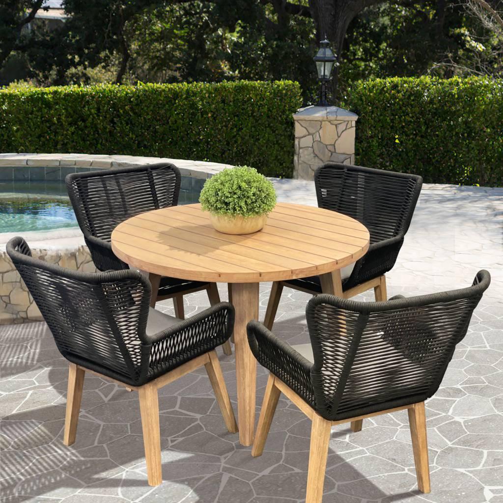 ALANYA 5 PIECE ROUND OUTDOOR DINING SETTING EUCALYPTUS TIMBER BLACK/GREY/NATURAL