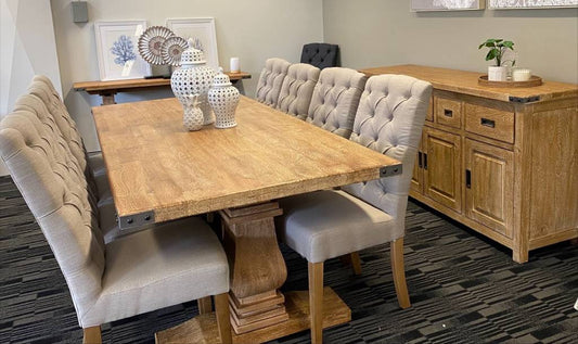 ASTI PEDESTAL STYLE LEG RECTANGULAR DINING TABLE 230CM IN HONEY WASH