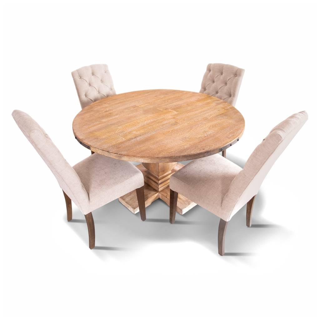 ASTI MANGO WOOD ROUND PEDESTAL DINING TABLE 135CM + 4 X ROSSI HAMPTONS DINING CHAIR WITH A LINEN FABRIC IN BEIGE- PACKAGE DEAL - MyChocolateWood