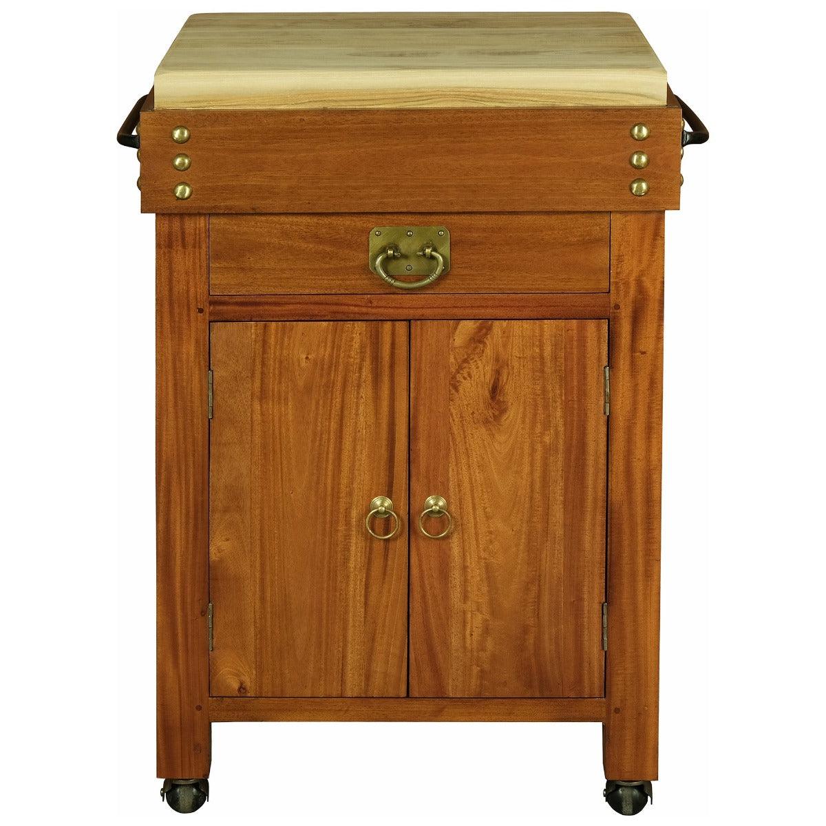 RICARDO SOLID MAHOGANY/SOLID TEAK TIMBER SMALL BUTCHER BLOCK KITCHEN ISLAND IN LIGHT PECAN WITH CASTORS - MyChocolateWood