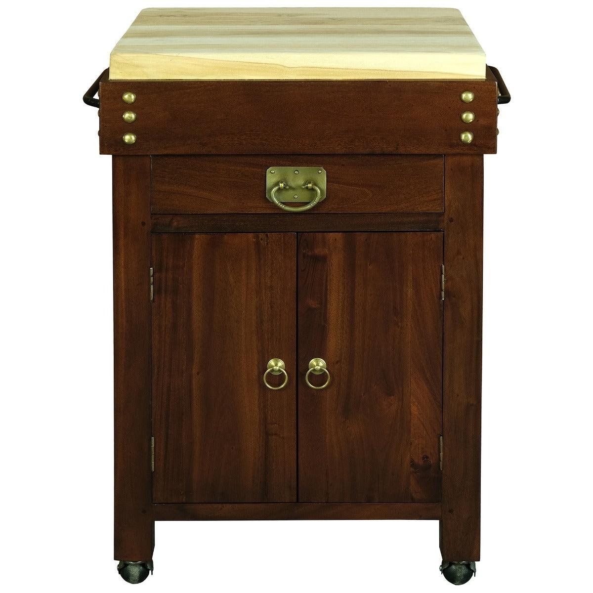 RICARDO SOLID MAHOGANY TIMBER SMALL BUTCHER BLOCK KITCHEN ISLAND WITH CASTORS - MAHOGANY COLOUR - MyChocolateWood
