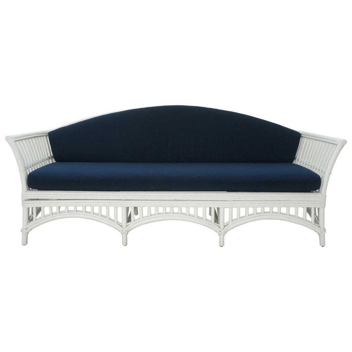 DENIZE WHITE RATTAN 2.5 SEATER SOFA SETTEE COUCH WHITE / NAVY CUSHION - MyChocolateWood