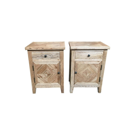 SET OF 2 X DUTCHY FRENCH PROVINCIAL STYLE BEDSIDE TABLES 1 DOOR & 1 DRAWER WITH PARQUETRY PATTERN 50 CM