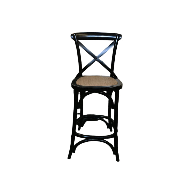 MELROSE CROSS BACK BAR STOOL WITH RATTAN SEAT IN BLACK - 65CM SEAT HEIGHT - MyChocolateWood
