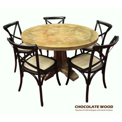 VALENTINA ROUND DINING TABLE 120CM- ALL NATURAL+ 5 MELROSE CROSS BACK CHAIRS IN SOLID BLACK