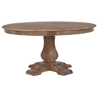BECKETT TRESTLE SOLID MAHOAGNY HAMPTONS PEDESTAL ROUND DINING TABLE IN STRAW WASH WITH DISTRESSING 183CM