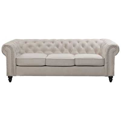 WOODLEY LOUNGE CHESTERFIELD 3-SEATER SOFA COUCH SETTEE IN BEIGE FABRIC
