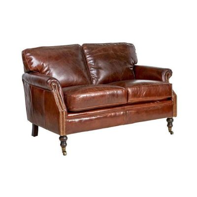 BUCKINGHAM AGED LEATHER 2 SEATER SOFA WITH BRASS STUD DETAILING