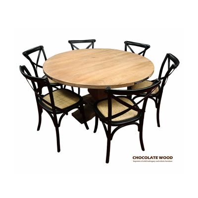 ASTI PEDESTAL STYLE LEG MANGO WOOD ROUND DINING TABLE 135CM + 6 MELROSE CROSS BACK DINING CHAIRS IN BLACK - PACKAGE DEAL