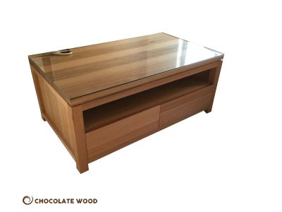 AUSTRALIAN CUSTOM-MADE VERMONT TASSIE OAK 2 DRAWER COFFEE TABLE WITH A GLASS TOP