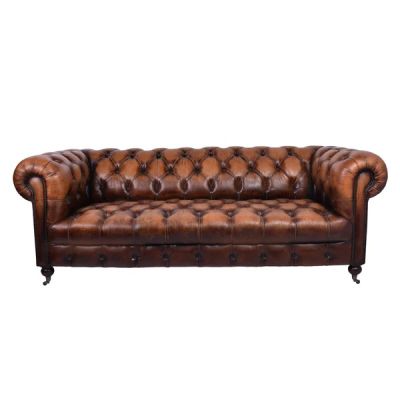 OXFORD AGED LEATHER 3-SEATER SOFA IN BROWN DISTRESSED CARAMEL