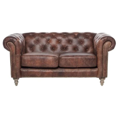 ELAINE 2-SEATER AGED LEATHER SOFA IN DISTRESSED BROWN