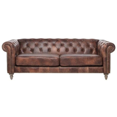 ELAINE 3-SEATER AGED LEATHER SOFA IN DISTRESSED BROWN