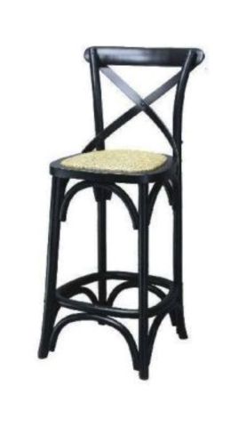 MELROSE SOLID OAK TIMBER CROSS BACK BAR STOOL WITH RATTAN SEAT, IN BLACK - 66CM SEAT HEIGHT