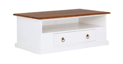 DALE SOLID MAHOGANY 2 DRAWER 100CM COFFEE TABLE IN WHITE/CARAMEL