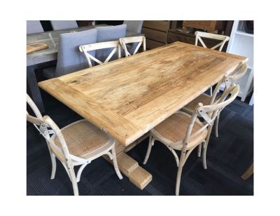 CLIFTON RUSTIC RECYCLED ELM DINING TABLE HAMPTONS STYLE + 6 MELRSOE CROSS BACK DINING CHAIR IN NATURAL DRIFTWOOD