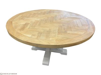 GIBRALTAR PARQUETRY HAMPTON STYLE ROUND DINING TABLE WITH LIGHT WHITE DISTRESSED LEGS IN 1200MM DIAMETER