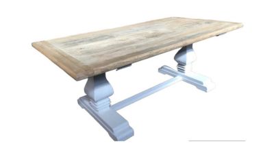 CLIFTON RUSTIC RECYCLED ELM DINING TABLE HAMPTONS STYLE 250CM - NATURAL DRIFTWOOD TOP/WHITE PEDESTAL